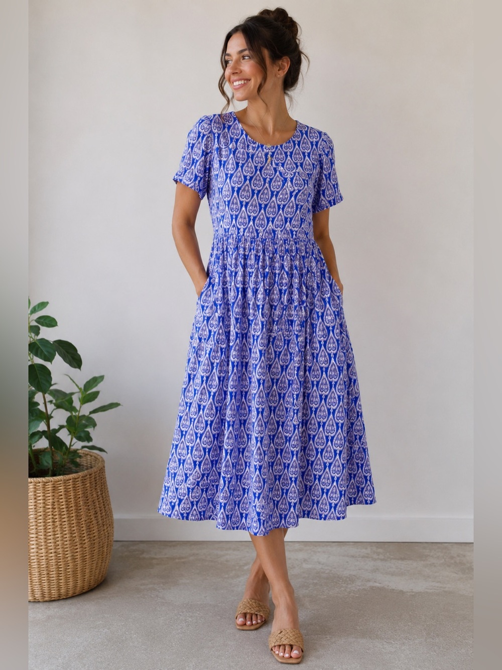 Boden Blue White Print Midi Dress US 16-18 Pockets Short Sleeve NWT